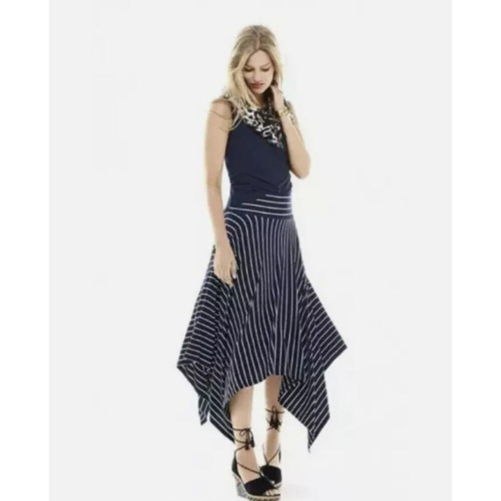 CAbi 5183 Twirl Skirt Navy White Striped Stretchy Jersey Knit Asymmetrical Sz S